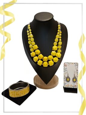 Yellow Acrylic Bead Jewelry Set In Silver Tone